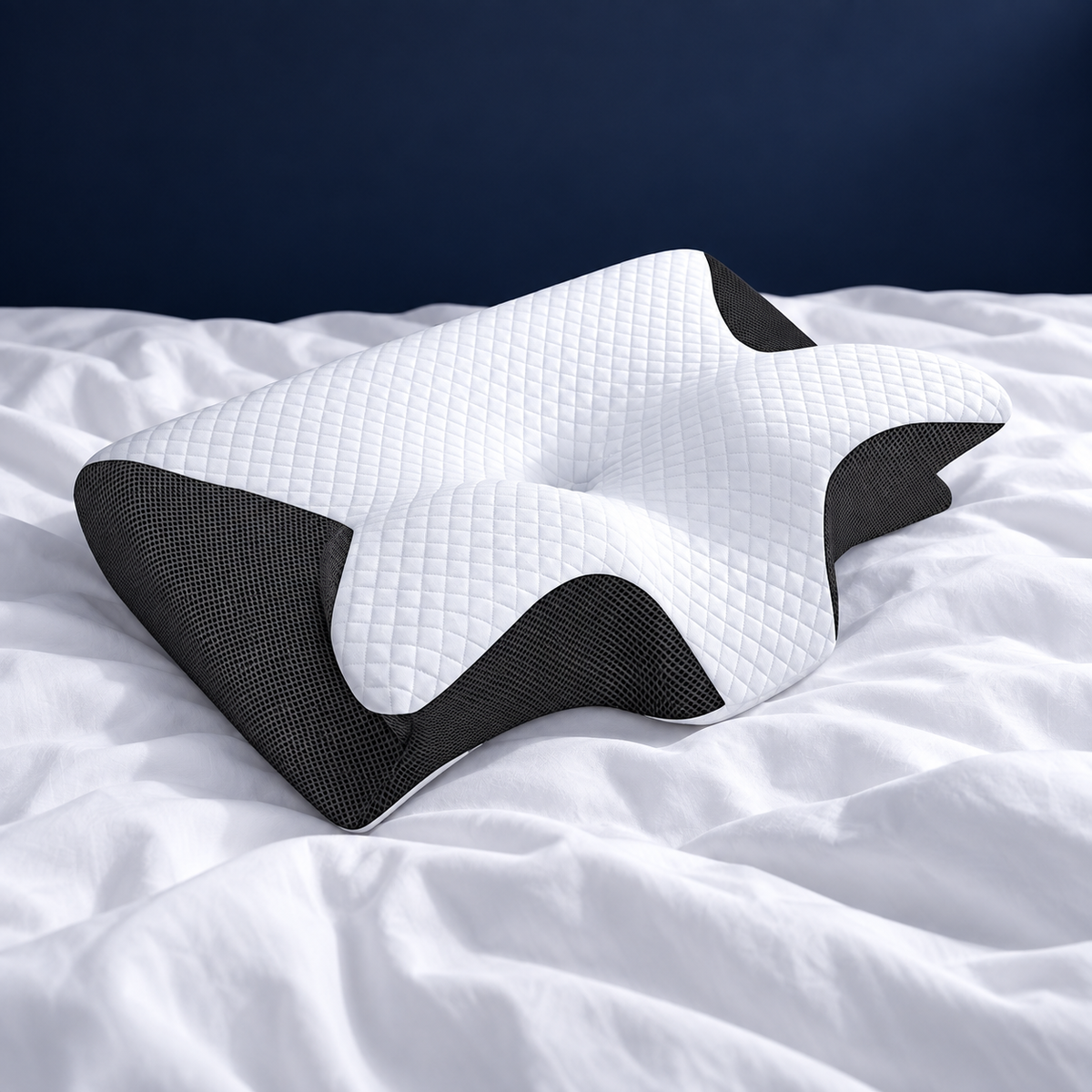 Oreiller ergonomique papillon à mémoire de forme sur un lit