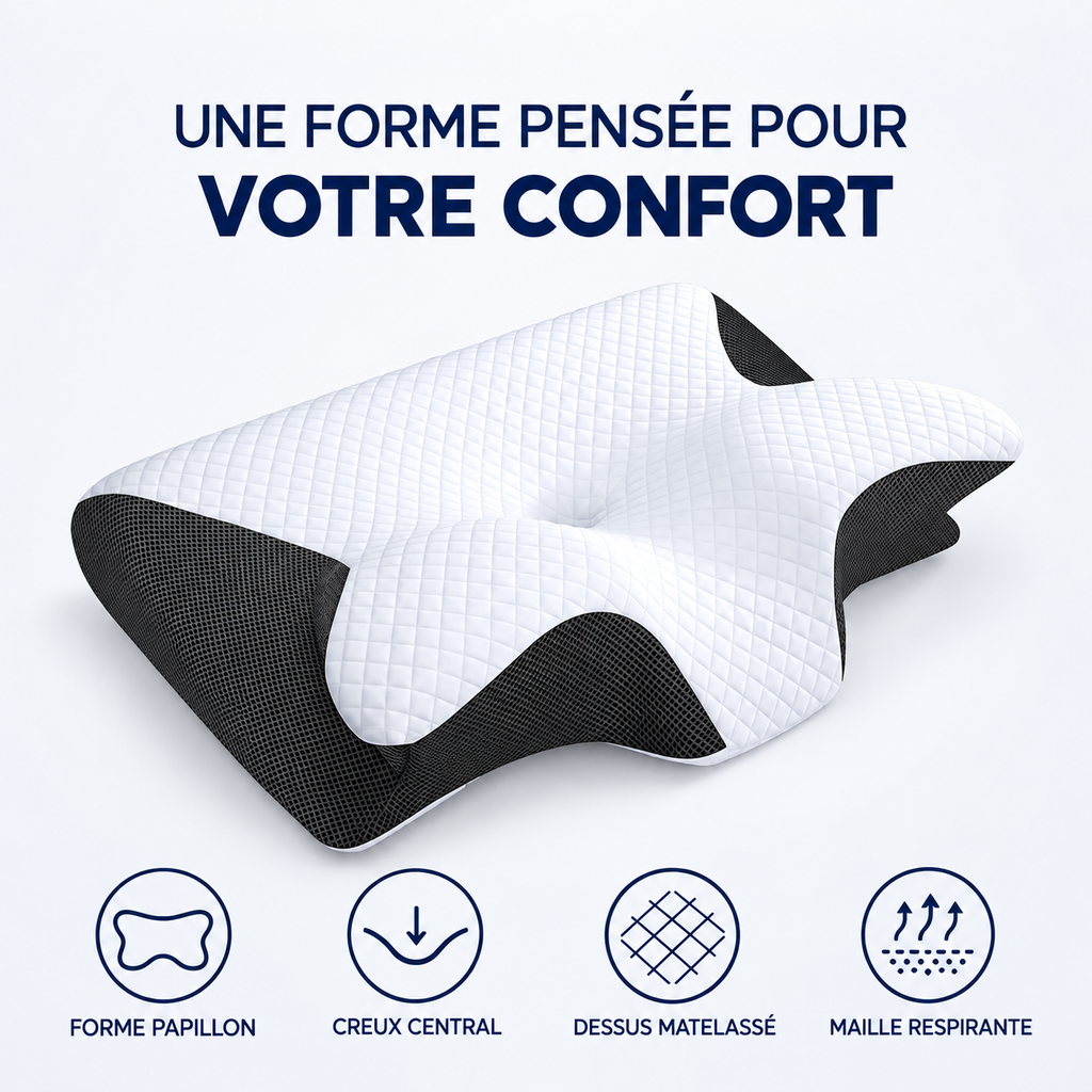 Oreiller papillon : forme papillon, creux central, dessus matelassé, maille respirante