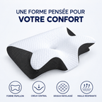 Oreiller papillon : forme papillon, creux central, dessus matelassé, maille respirante