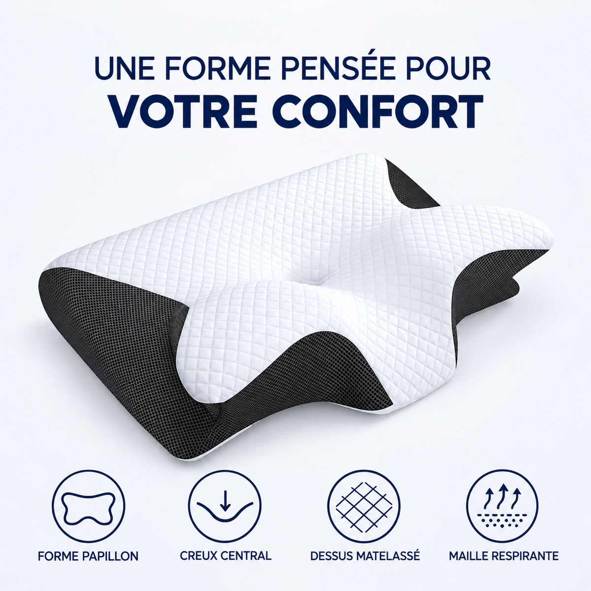 Oreiller papillon : forme papillon, creux central, dessus matelassé, maille respirante