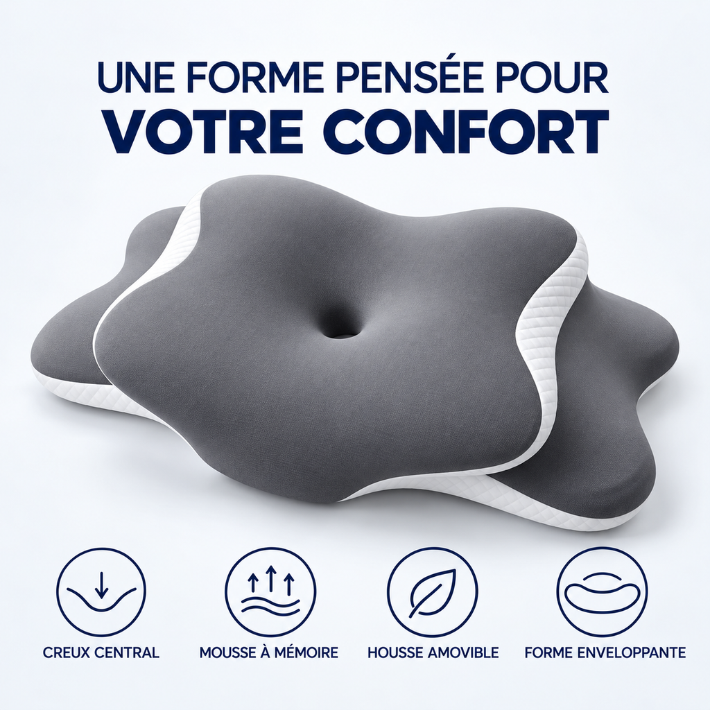Oreiller fleur : creux central, mousse à mémoire, housse amovible, forme enveloppante
