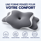 Oreiller fleur : creux central, mousse à mémoire, housse amovible, forme enveloppante