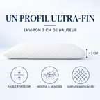 Oreiller ultra-plat : profil d'environ 7 cm, mousse à mémoire, surface matelassée