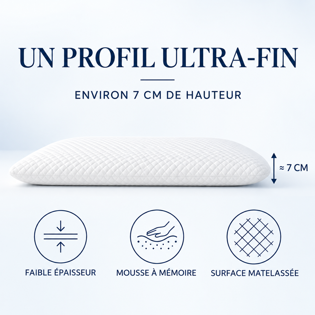 Oreiller ultra-plat : profil d'environ 7 cm, mousse à mémoire, surface matelassée