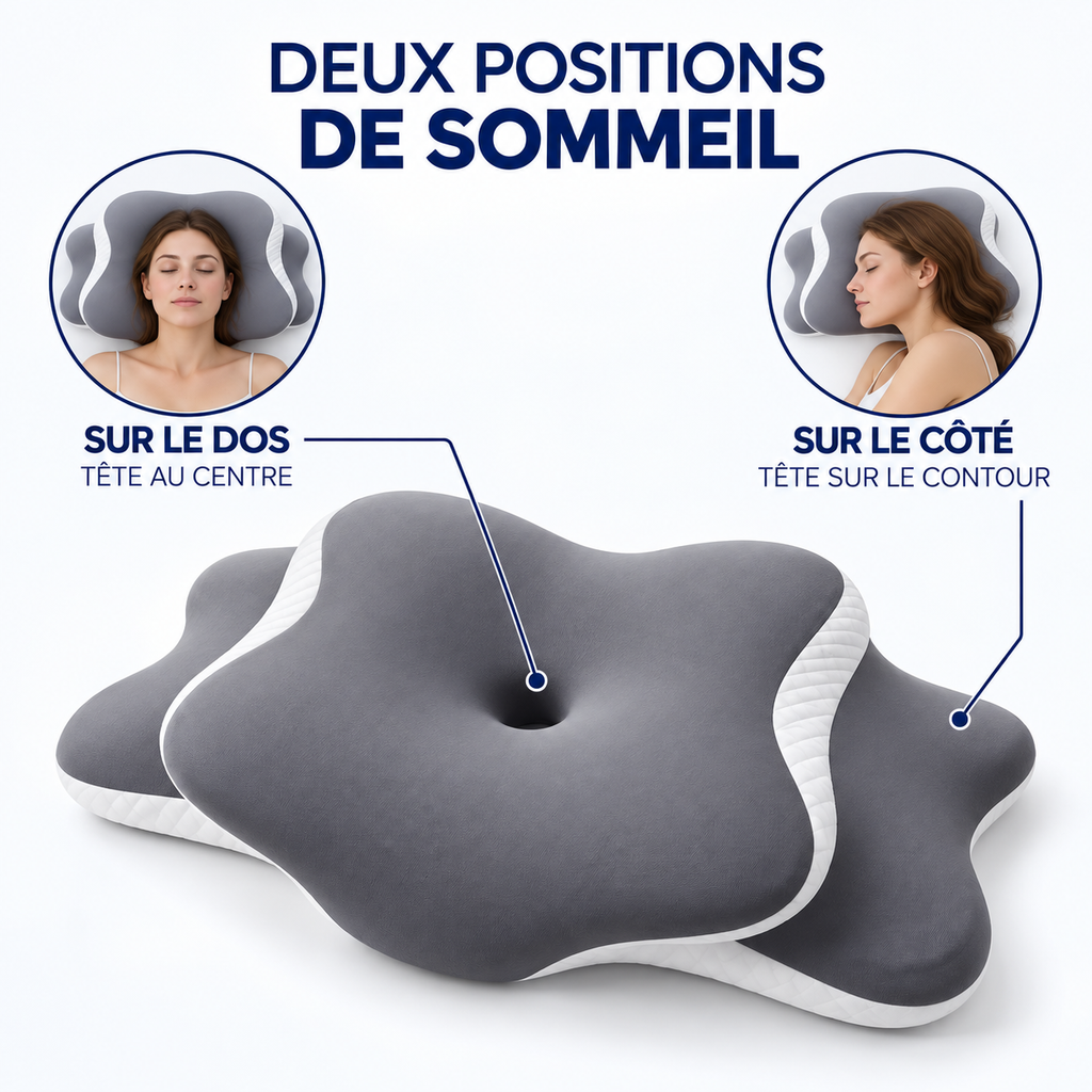 Oreiller fleur : sur le dos tête au centre, sur le côté tête sur le contour