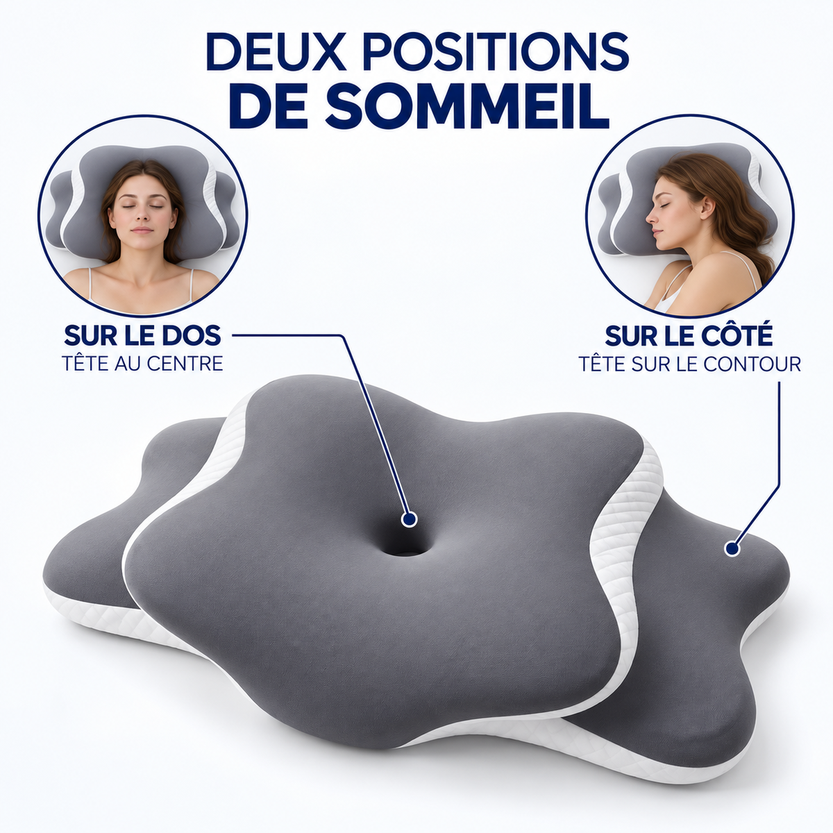 Oreiller fleur : sur le dos tête au centre, sur le côté tête sur le contour