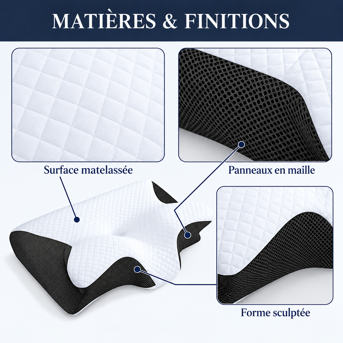 Oreiller papillon : surface matelassée, panneaux en maille, forme sculptée