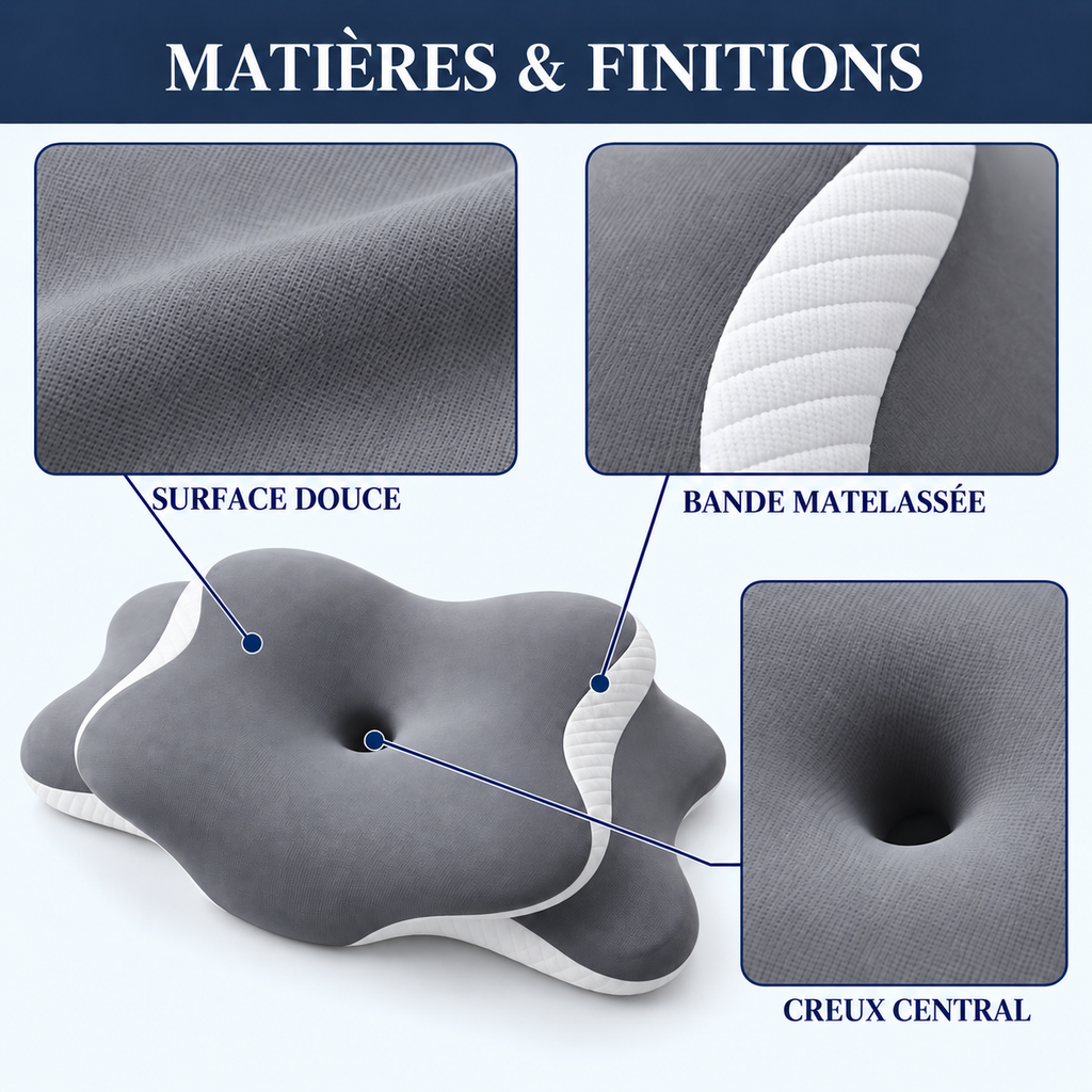 Oreiller fleur : surface douce, bande matelassée, creux central