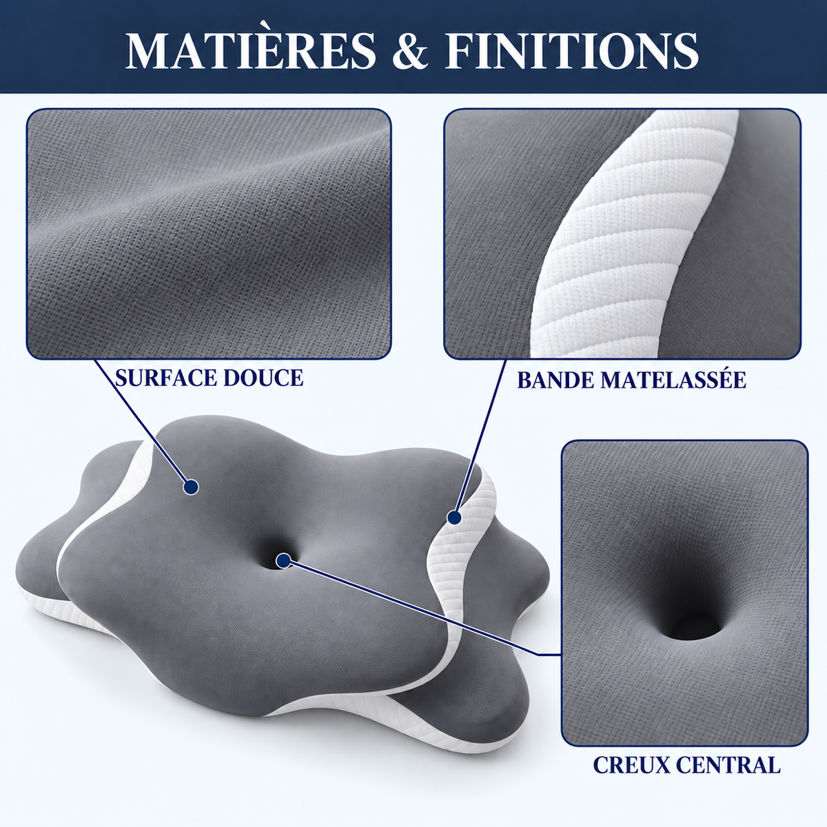 Oreiller fleur : surface douce, bande matelassée, creux central