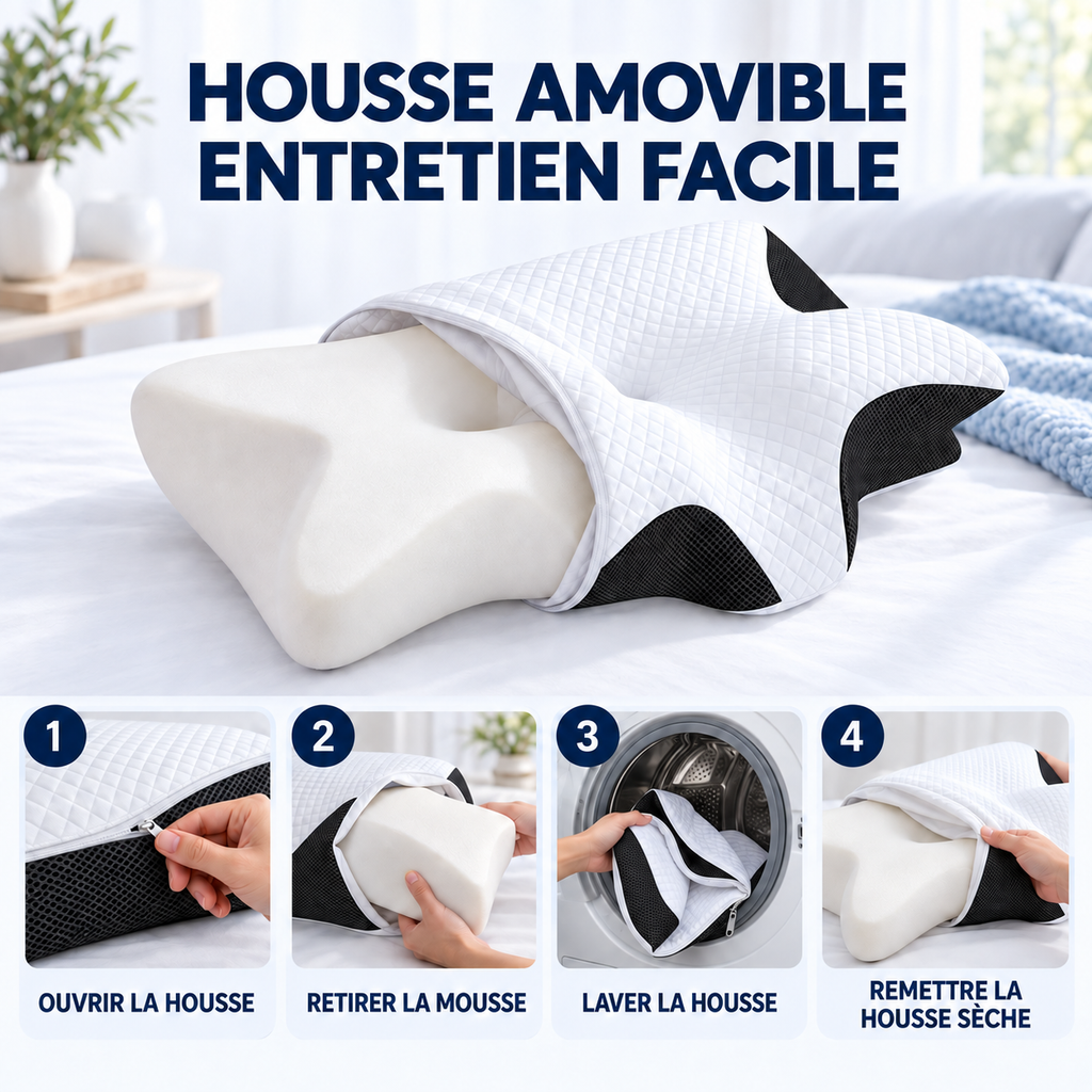 Oreiller papillon : housse amovible, retrait et lavage en 4 étapes