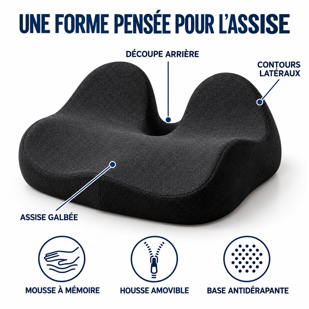 Coussin d'assise : découpe arrière, contours latéraux, assise galbée, base antidérapante
