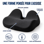 Coussin d'assise : découpe arrière, contours latéraux, assise galbée, base antidérapante