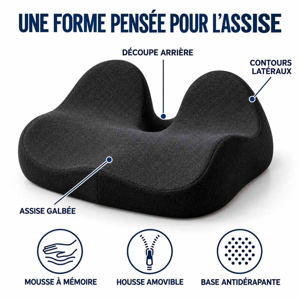 Coussin d'assise : découpe arrière, contours latéraux, assise galbée, base antidérapante
