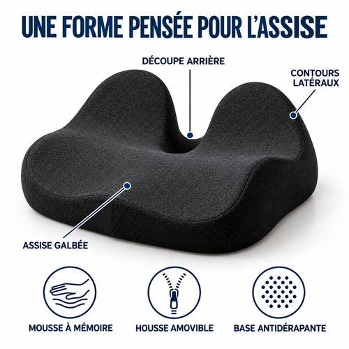 Coussin d'assise : découpe arrière, contours latéraux, assise galbée, base antidérapante