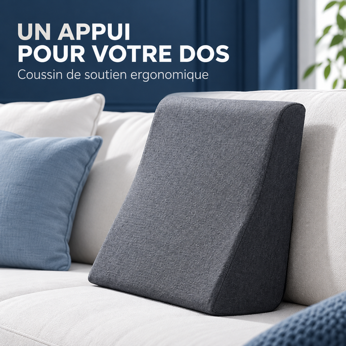 Coussin de dos ergonomique gris posé sur un canapé