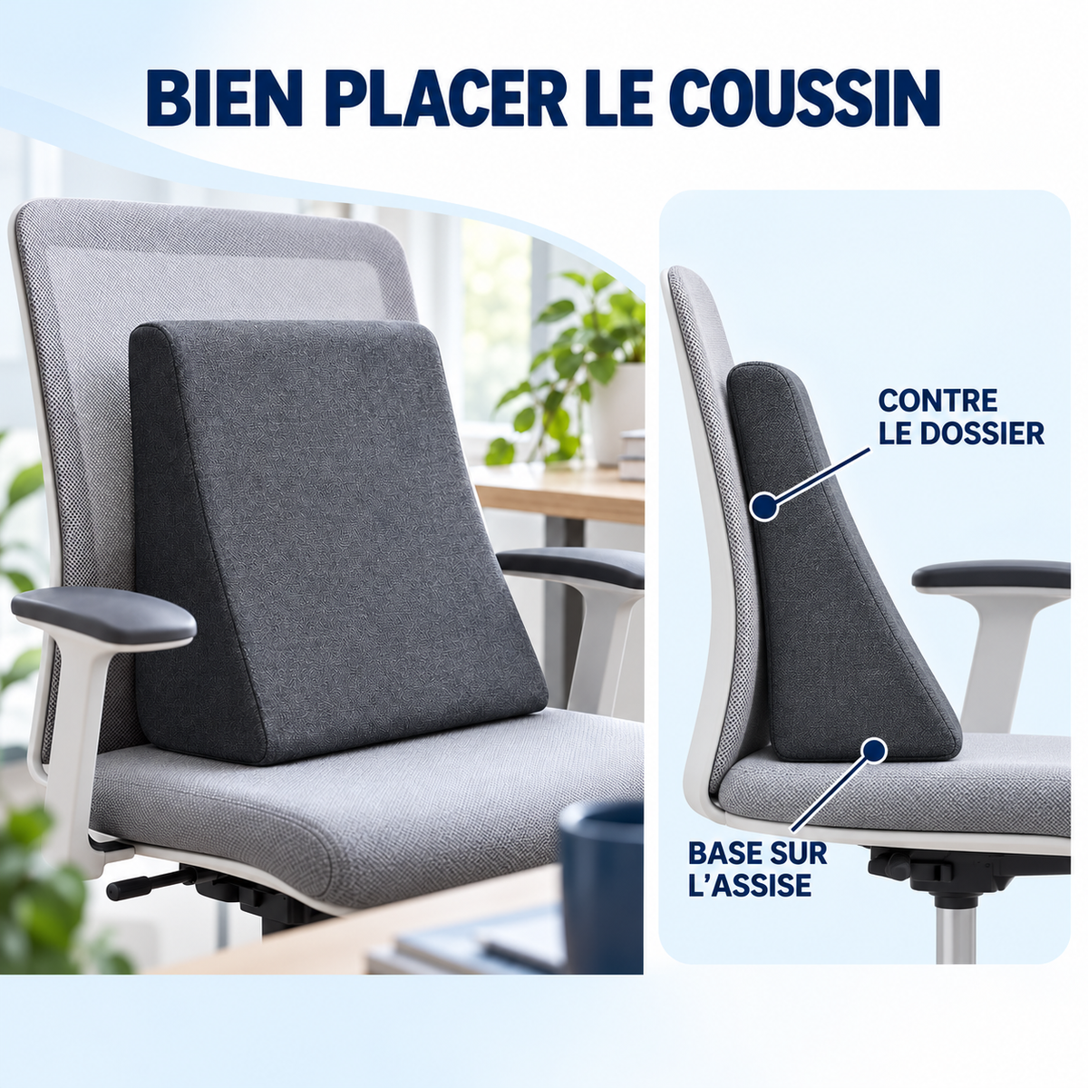 Coussin de dos placé contre le dossier d'une chaise de bureau, base sur l'assise