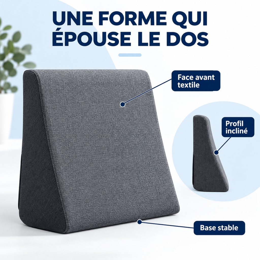 Coussin de dos : face avant textile, profil incliné, base stable