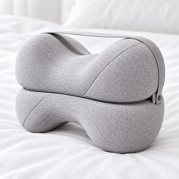 Coussin entre les genoux pliable gris posé sur un lit