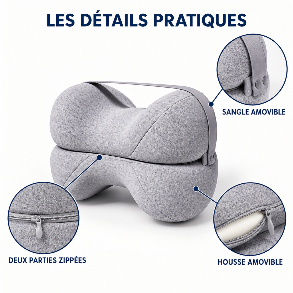 Coussin entre les genoux : sangle amovible, deux parties zippées, housse amovible