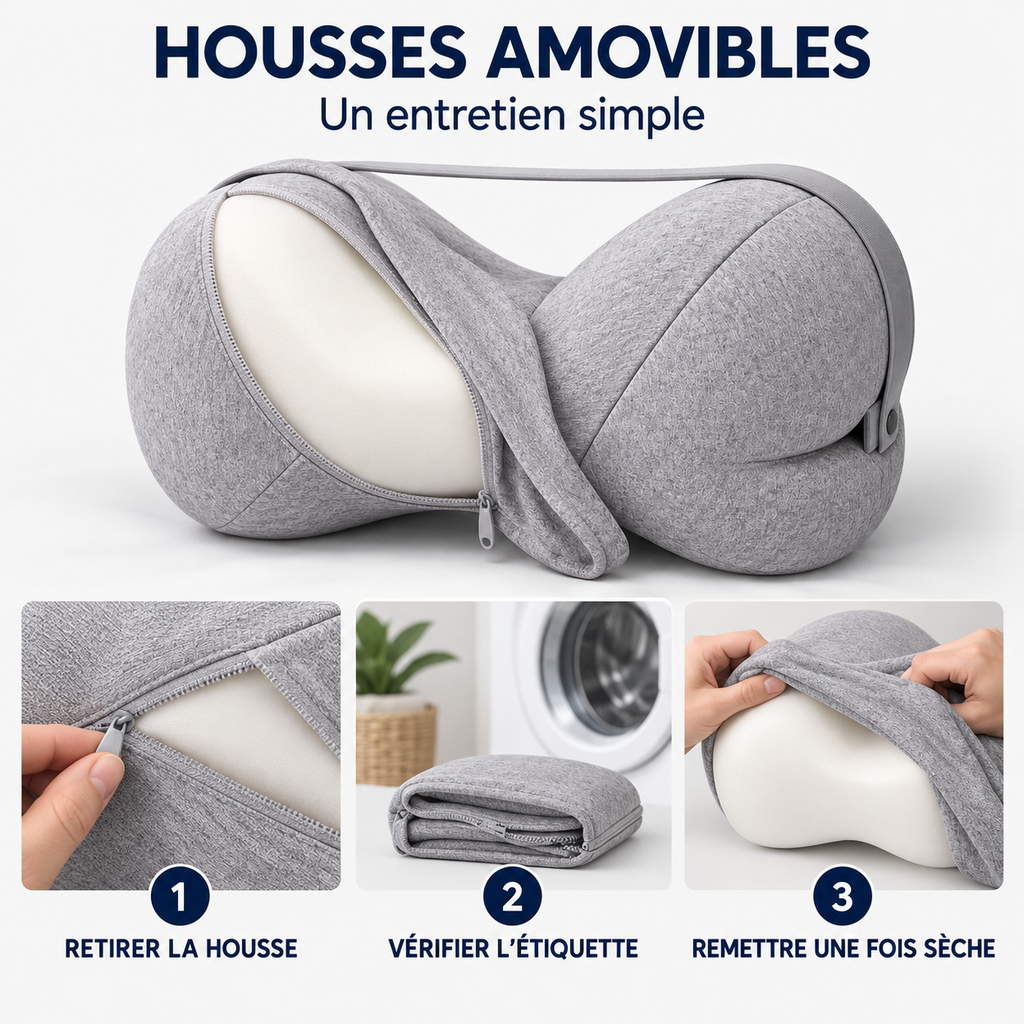 Coussin entre les genoux : housses amovibles, retirer, vérifier l'étiquette, remettre une fois sèche