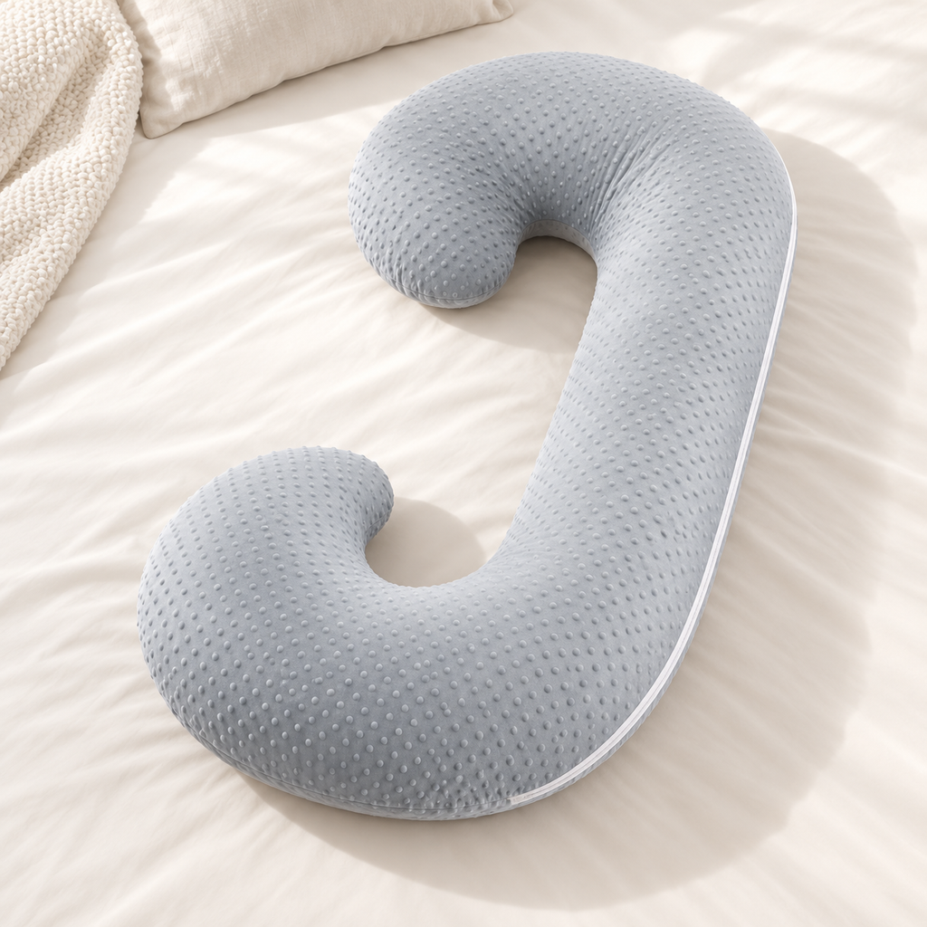 Coussin de grossesse en C gris à picots posé sur un lit