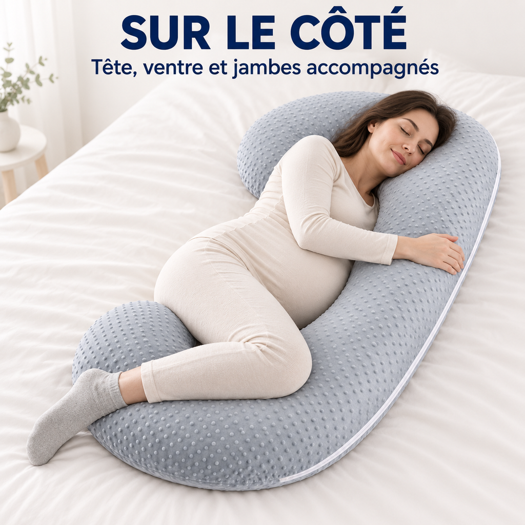 Femme enceinte allongée sur le côté avec le coussin en C