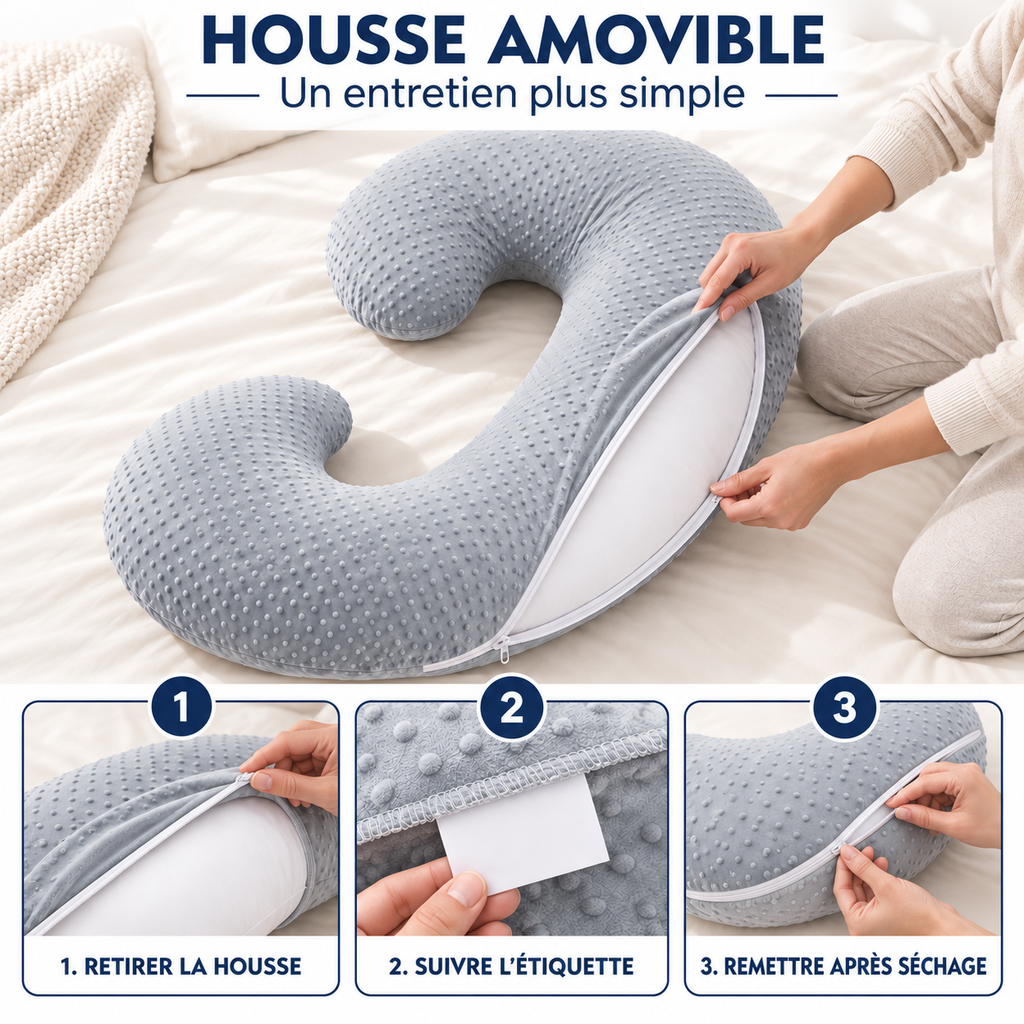 Coussin en C : housse amovible, retirer, suivre l'étiquette, remettre après séchage