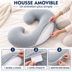 Coussin en C : housse amovible, retirer, suivre l'étiquette, remettre après séchage