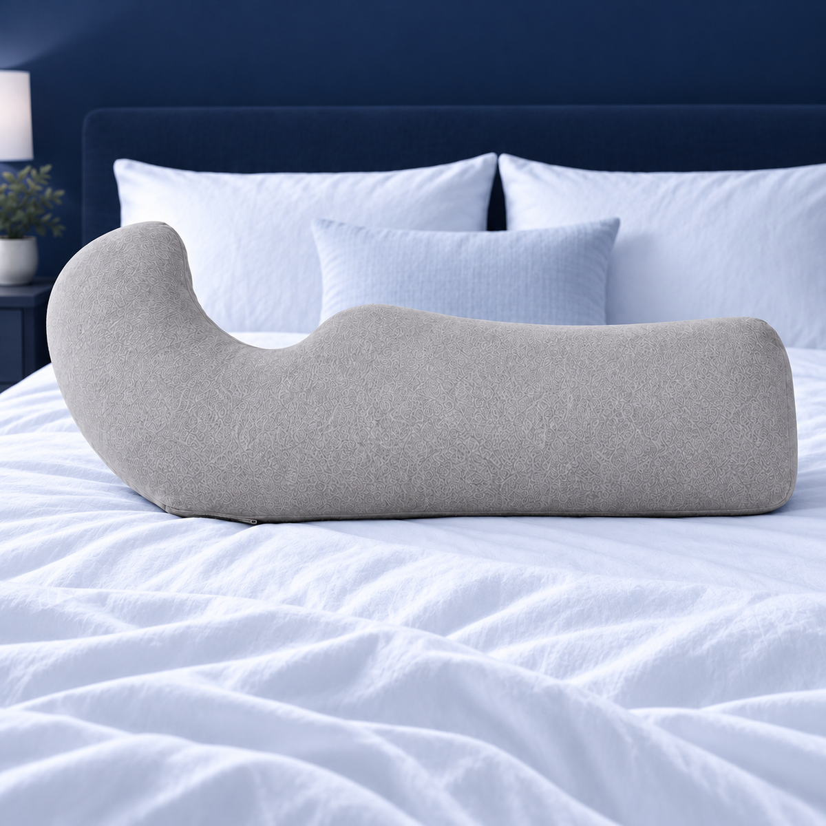 Coussin de grossesse en J gris chiné posé sur un lit