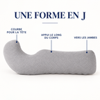 Coussin de grossesse en J : courbe pour la tête, appui le long du corps, vers les jambes