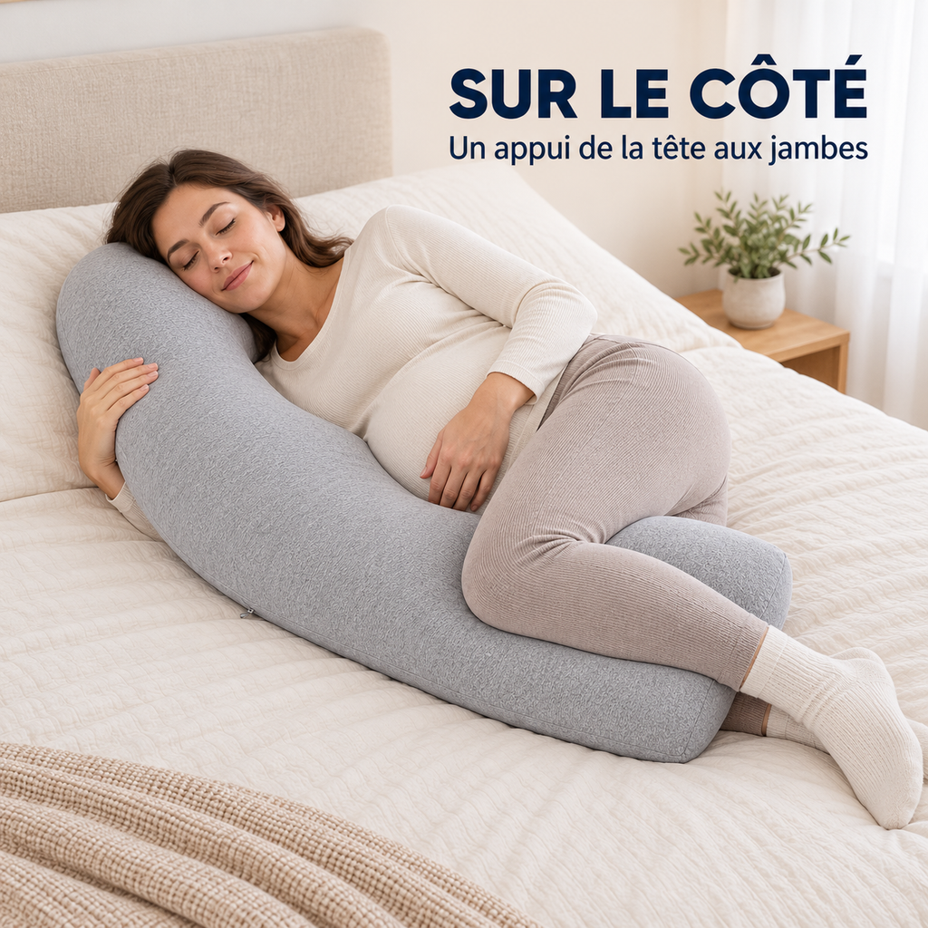 Femme enceinte allongée sur le côté avec le coussin en J