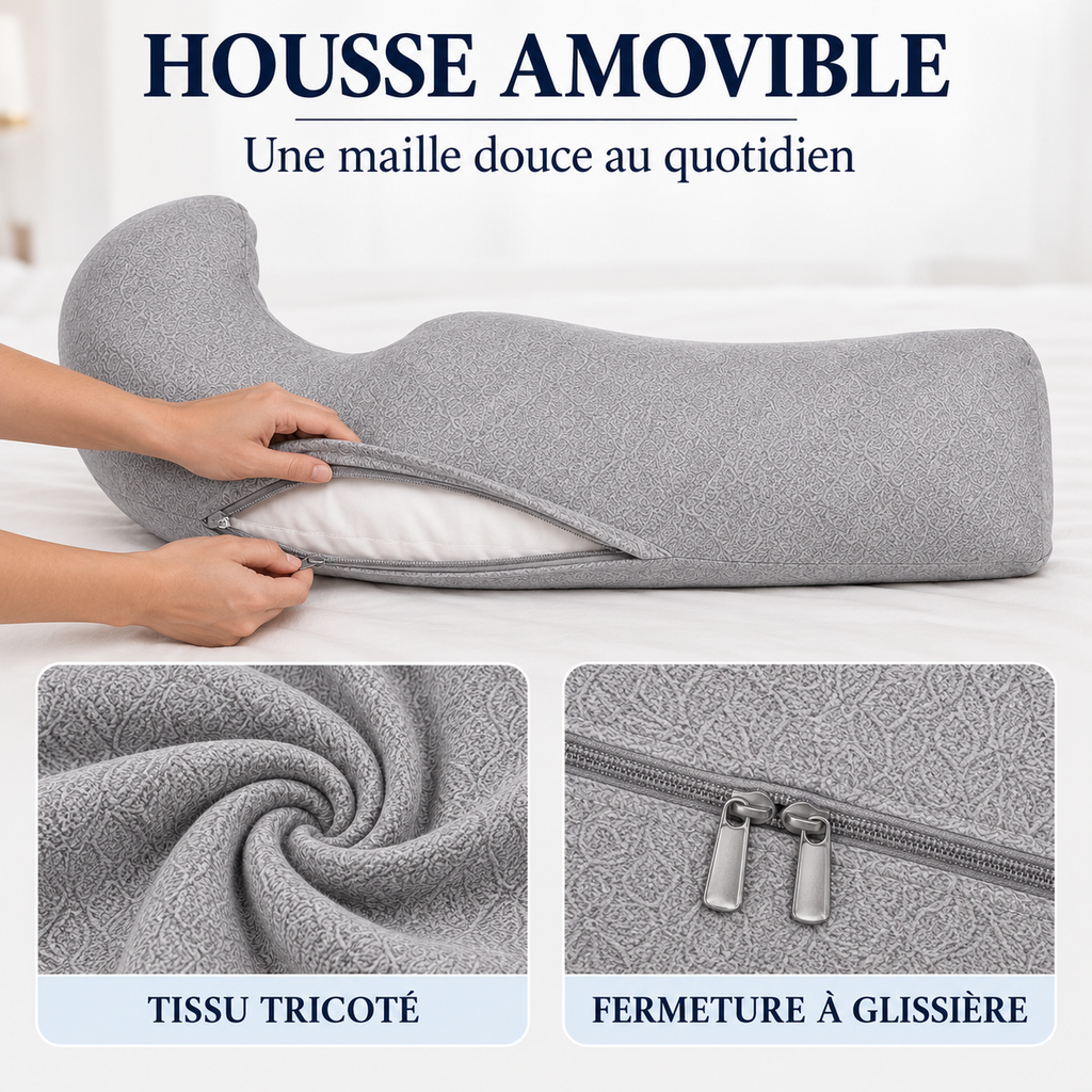 Coussin en J : housse amovible en tissu tricoté, fermeture à glissière