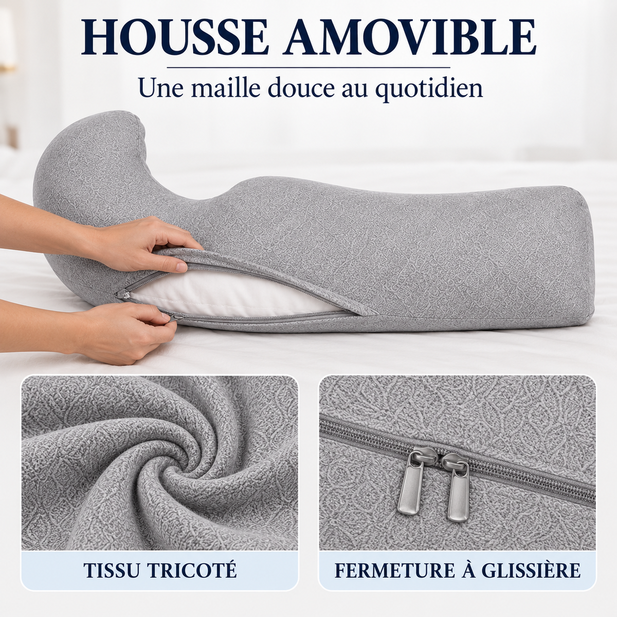 Coussin en J : housse amovible en tissu tricoté, fermeture à glissière