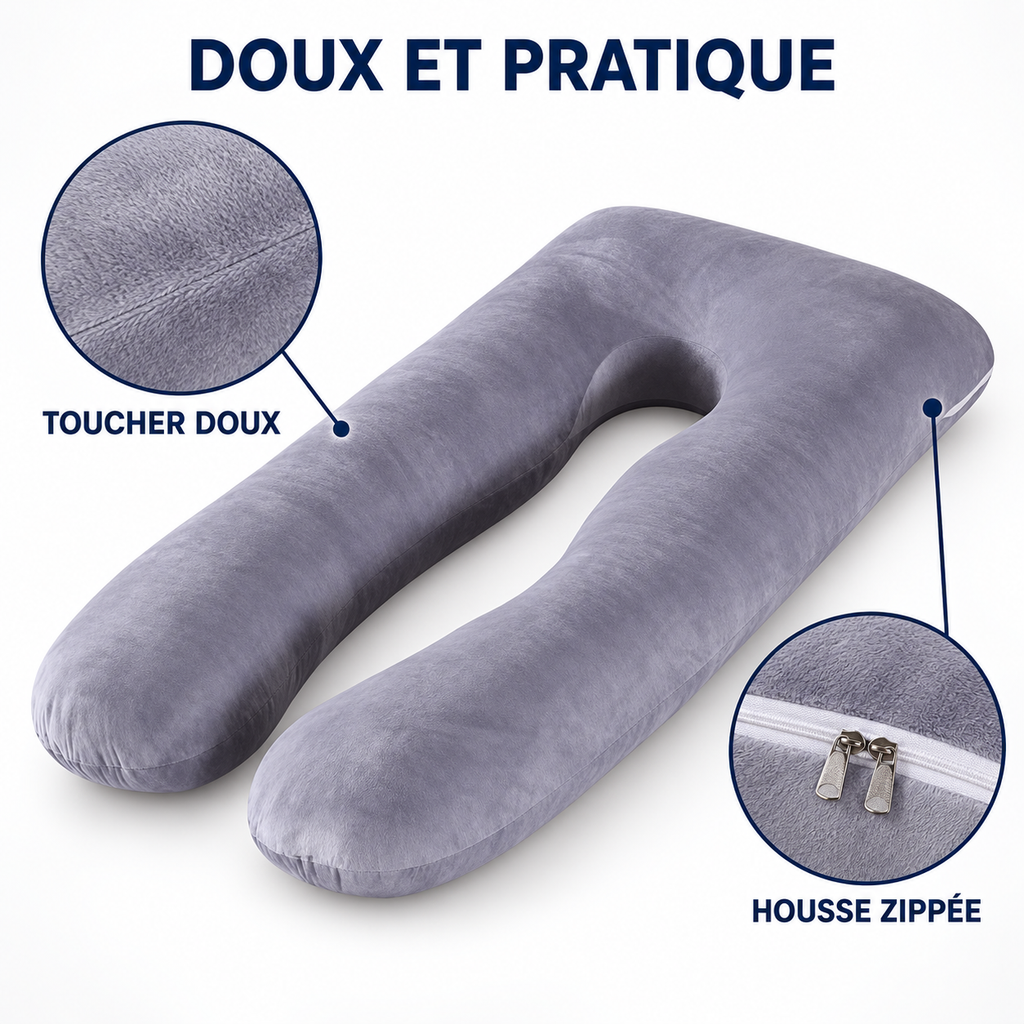 Coussin en U : housse douce au toucher et fermeture zippée