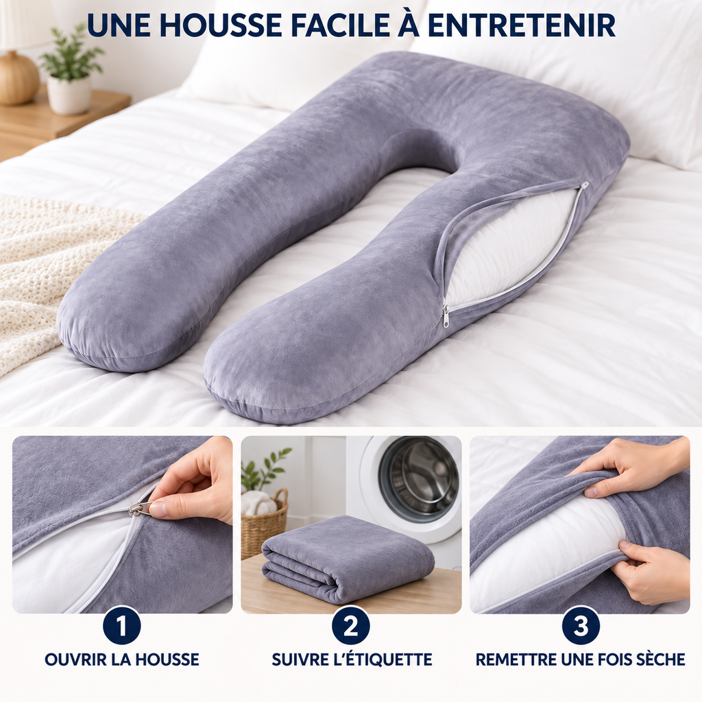 Coussin en U : housse amovible, ouvrir, laver selon l'étiquette, remettre une fois sèche