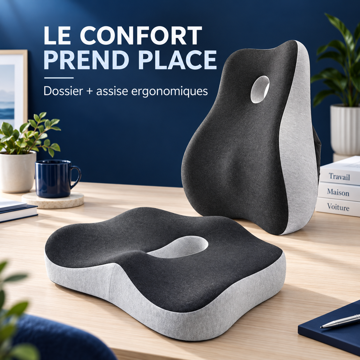Ensemble coussin d'assise et coussin de dos gris anthracite sur un bureau
