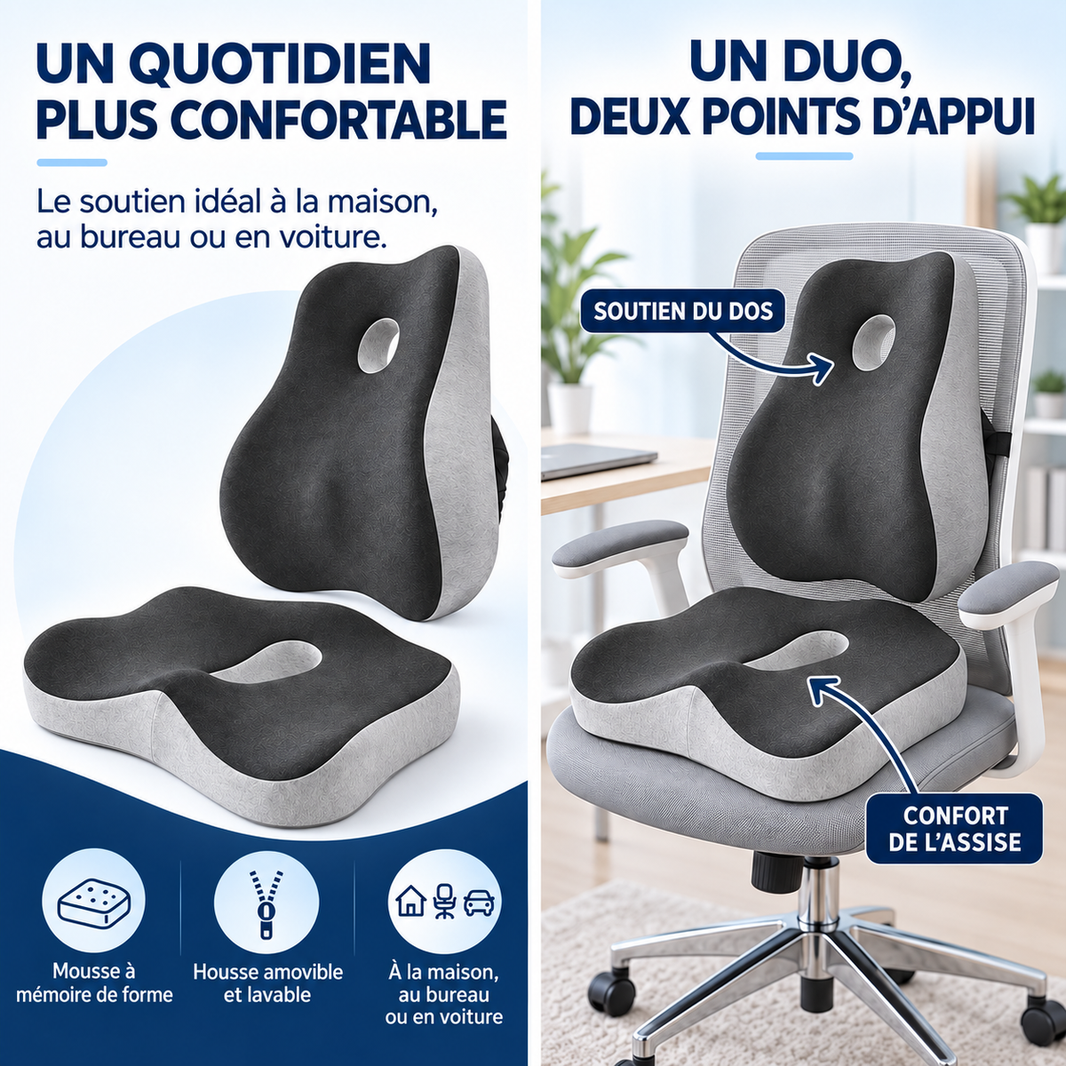 Coussins d'assise et de dos installés sur une chaise de bureau