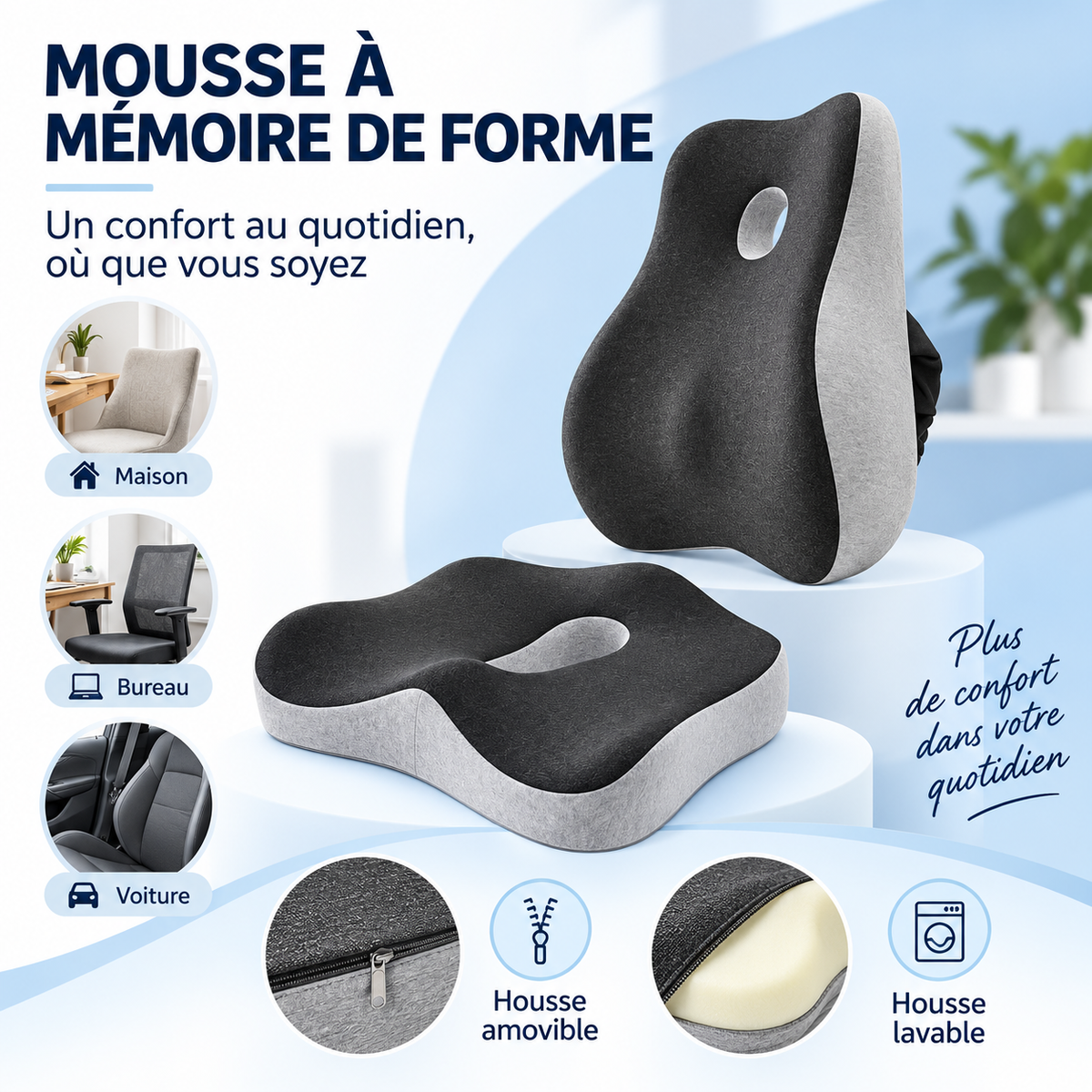 Coussins en mousse à mémoire de forme, housse amovible et lavable