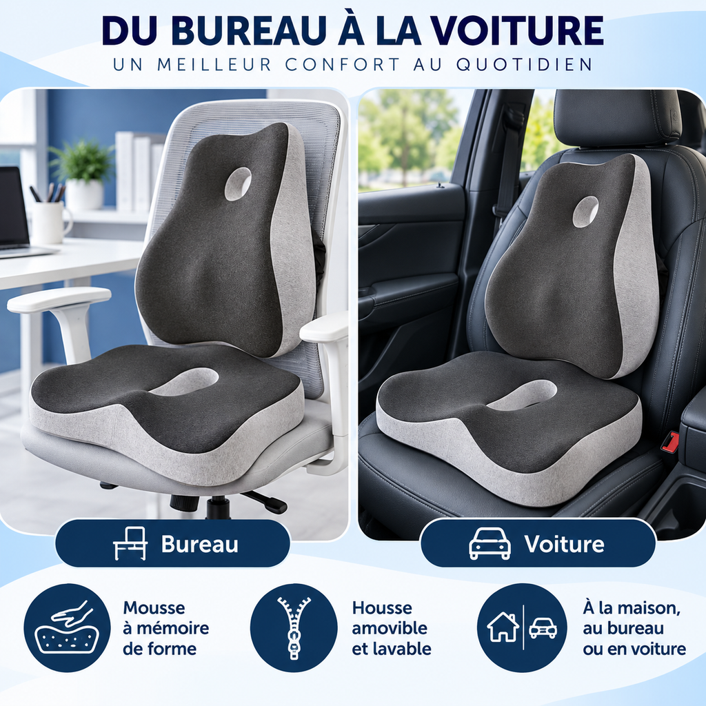 Coussins d'assise et de dos sur une chaise de bureau et dans une voiture