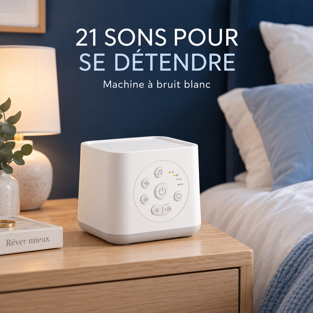 Machine à bruit blanc blanche sur une table de chevet