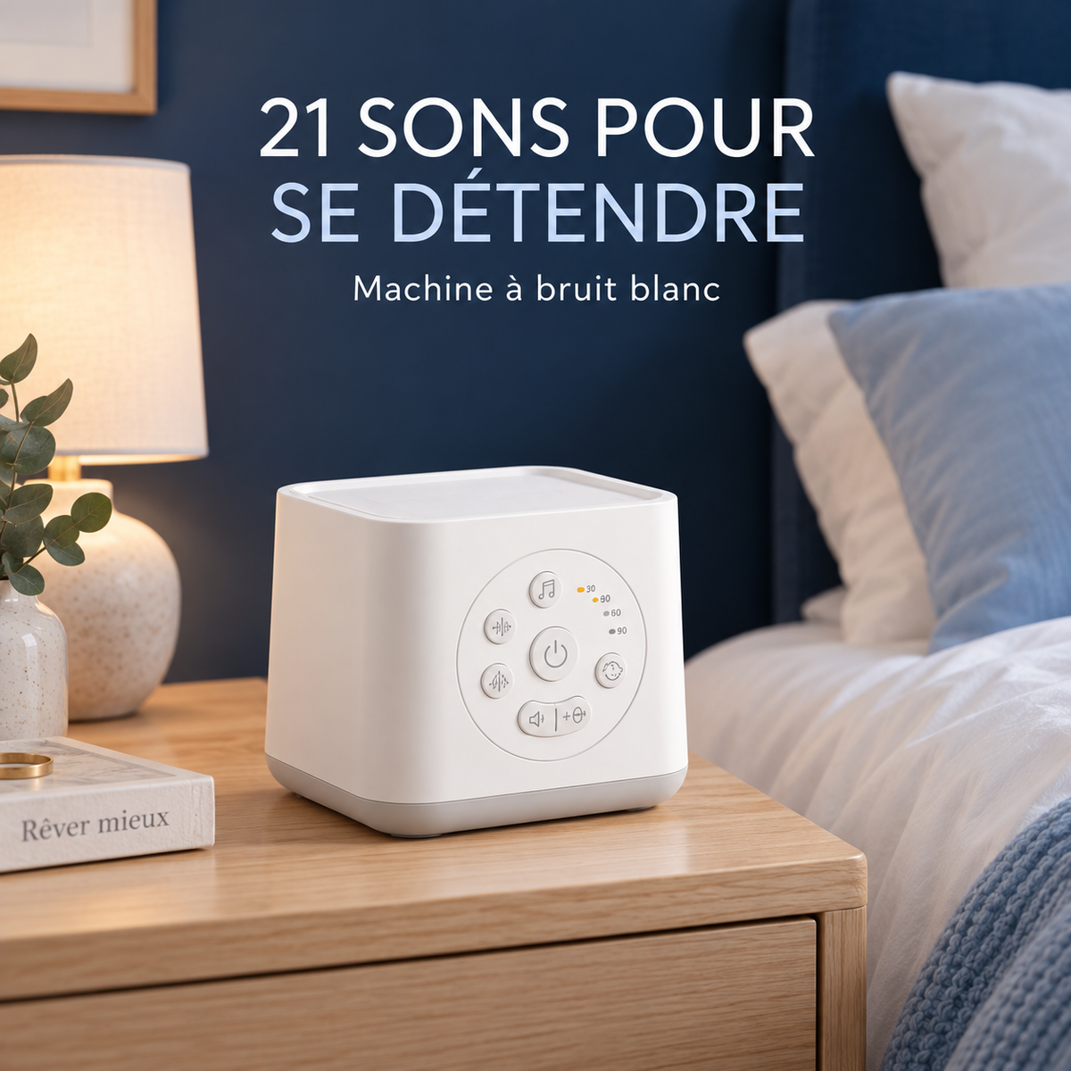 Machine à bruit blanc blanche sur une table de chevet