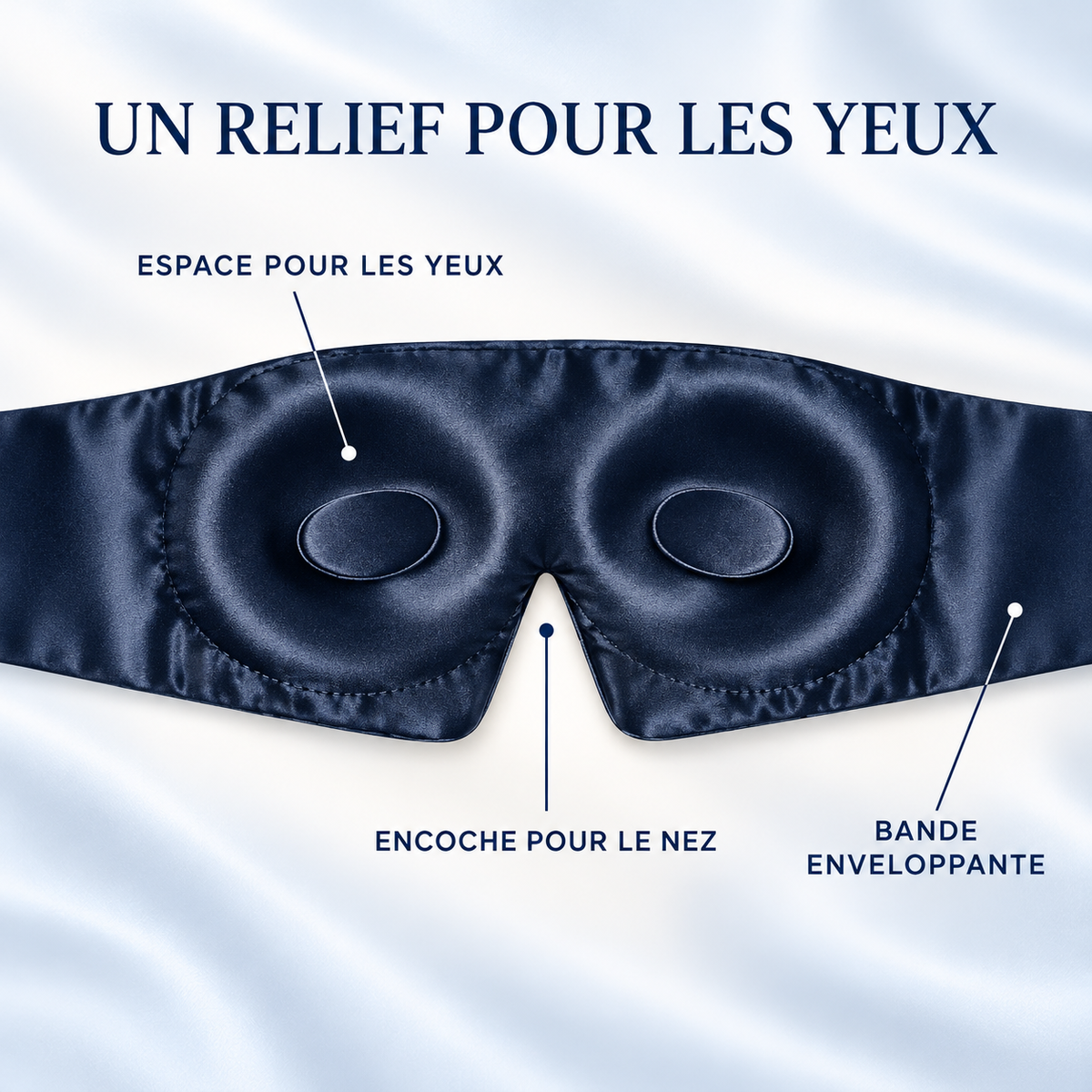 Masque en soie : espace pour les yeux, encoche pour le nez, bande enveloppante