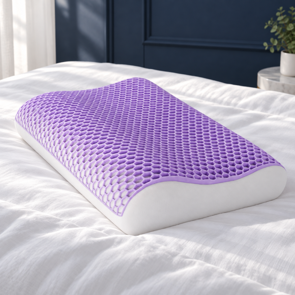 Oreiller à grille alvéolée violette en TPE sur mousse à mémoire de forme, posé sur un lit