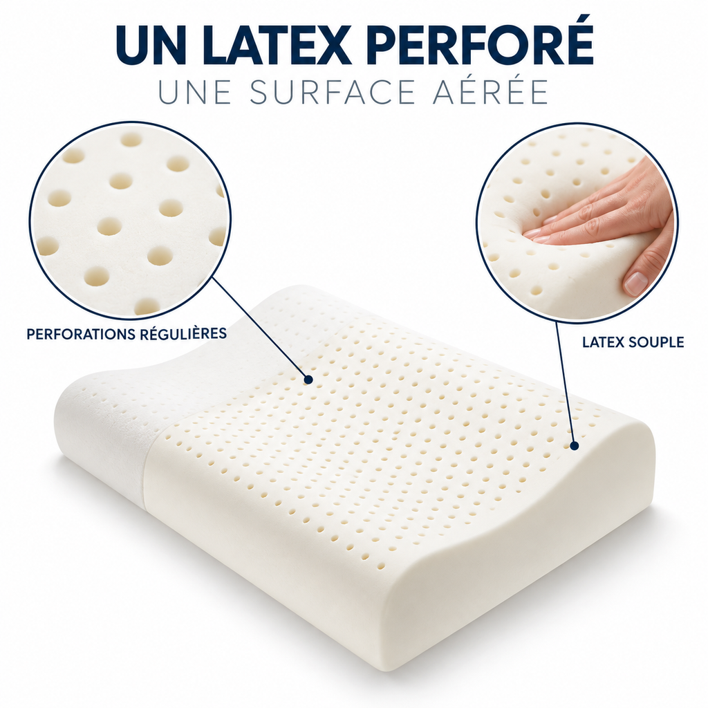 Oreiller latex perforé : perforations régulières, latex souple