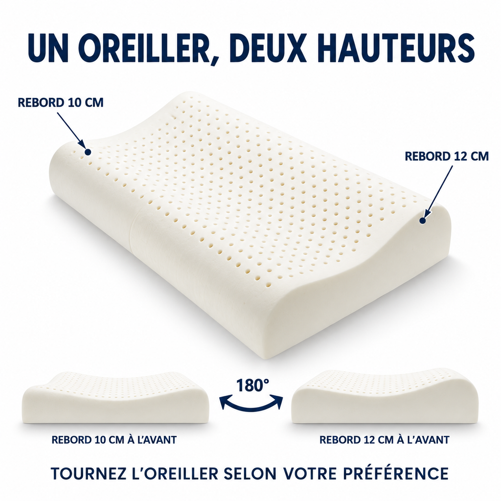 Oreiller latex réversible : tournez-le pour choisir le rebord 10 ou 12 cm