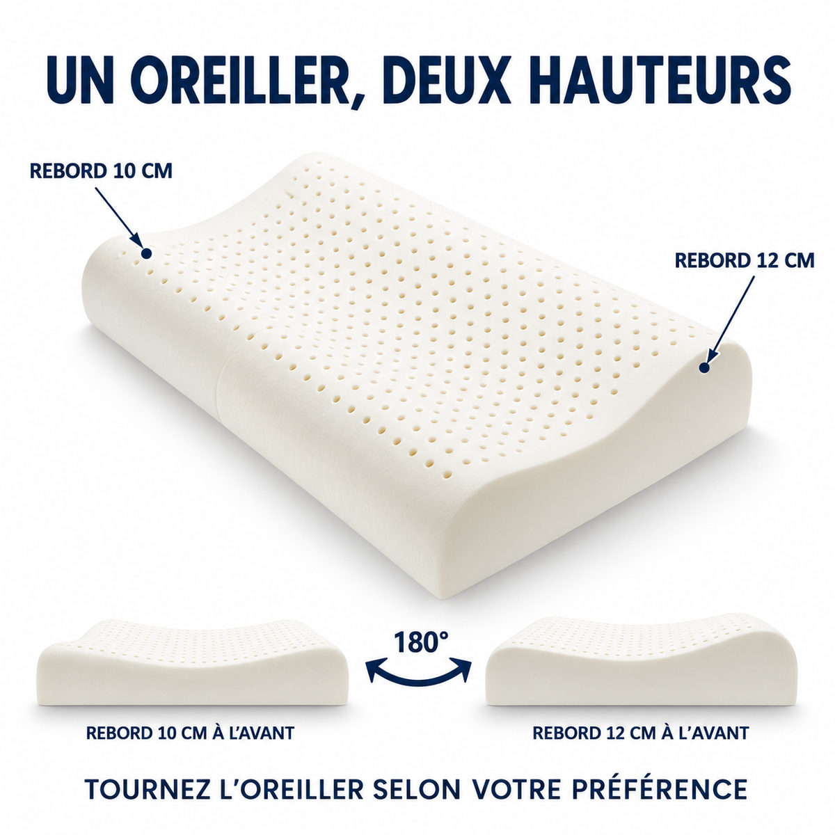 Oreiller latex réversible : tournez-le pour choisir le rebord 10 ou 12 cm